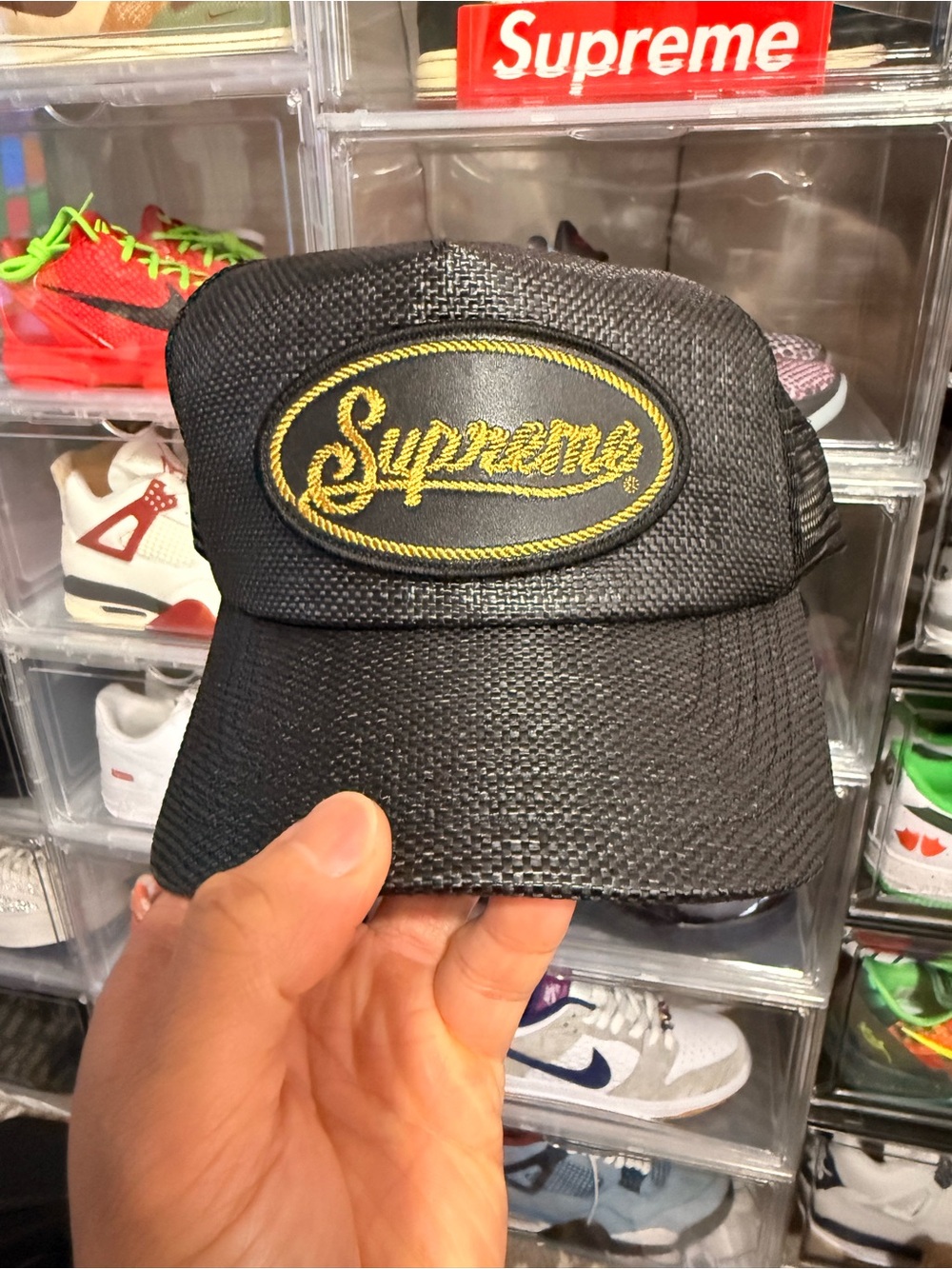 Supreme Black Woven Cap with Gold Script Patch